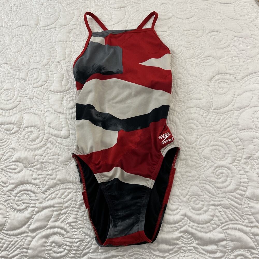 Speedo Endurance+ Girls One Piece Swimsuit Size 6/32 Navy Red Competition